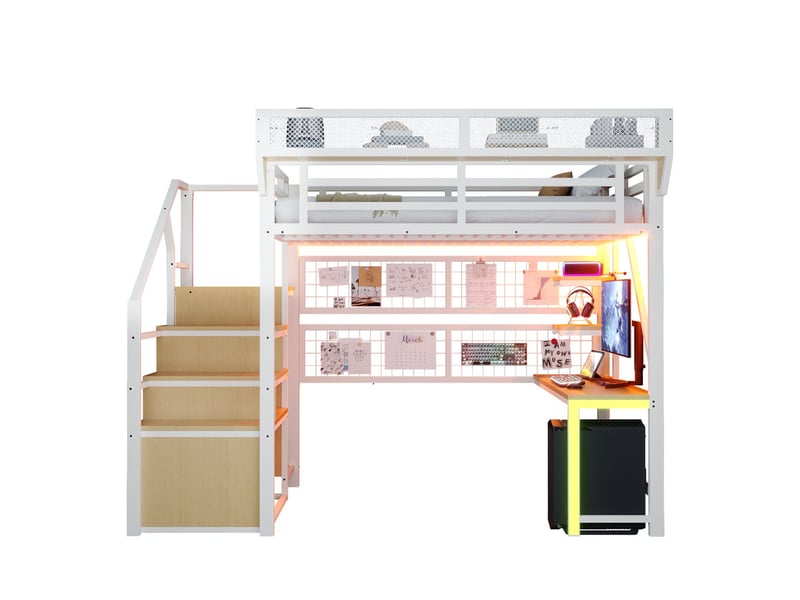 Lit mezzanine en métal 140 x 200 cm - avec bureau - avec échelle de sécurité - avec éclairage led - avec prise électrique - blanc (matelas non inclus)  - Conforama A