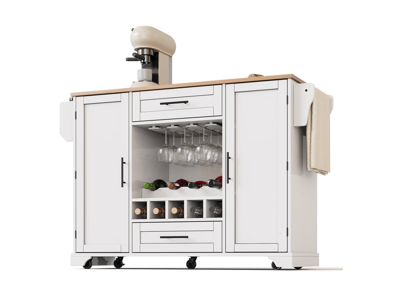  Desserte de cuisine 138 x 4570 x 92 cm blanc et naturel, en mdf, plateau rabattable sur roulettes  - Conforama A