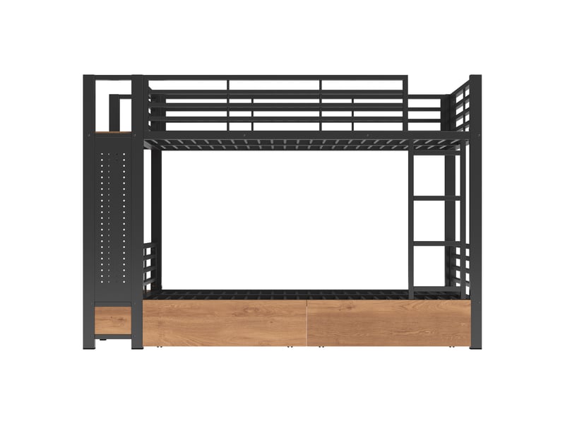  Lit superposé 90x200 cm avec tiroirs, rangements, led et penderie, noir, moderne  - Conforama A