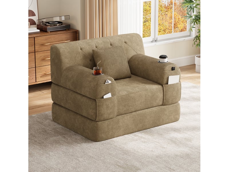  Fauteuil 1 place convertible en velours côtelé kaki, 107x80x81 cm  - Conforama B