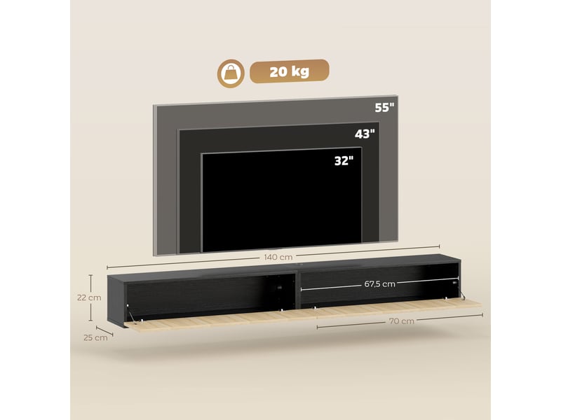  Meuble tv suspendu 2 portes rabattables bois naturel et noir 140 x 25 x 22 cm  - Conforama C