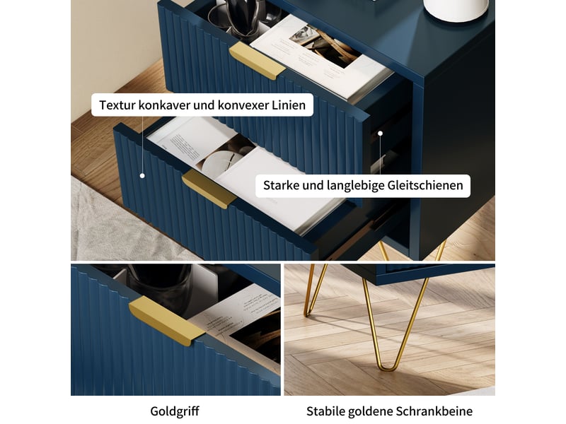  Lot de 2 table de chevet,table de nuit avec 2 tiroirs, manches et pieds en couleur doré,moderne, 40 x 35,5 x 50 cm, bleu  - Conforama W