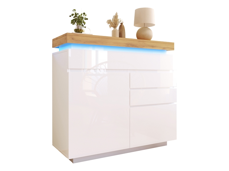  Buffet et enfilade brillant avec 2 portes, 3 tiroirs, étagères réglables et led, en panneaux de particules, blanc, 110 × 39 × 115 cm  - Conforama A