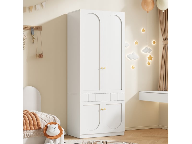 Armoire de rangement laquée avec tringle, 2 tiroirs et étagères fixes pour chambre en mdf blanc 80 × 50 × 200 cm - Conforama E