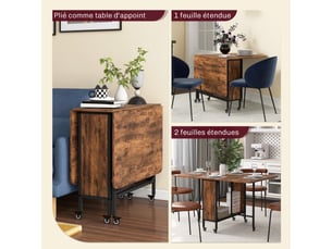 Table pliante de cuisine extensible salle à manger sur roulettes jusqu'à 6 personnes étagère intégrée, marron, 6 roues