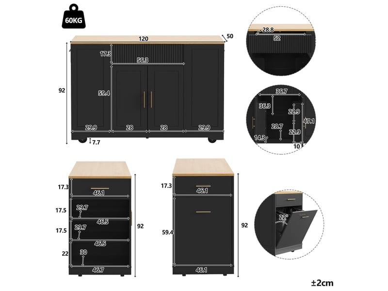  Îlot de cuisine mobile 120 x 50 x 92 cm avec espace poubelle, 2 portes, 3 tiroirs et rangement, noir  - Conforama C