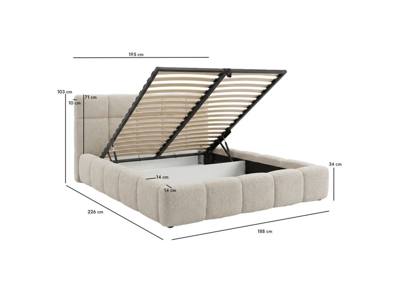  Lit coffre 160 x 200 cm en tissu capitonné bouclette beige – miracle  - Conforama D