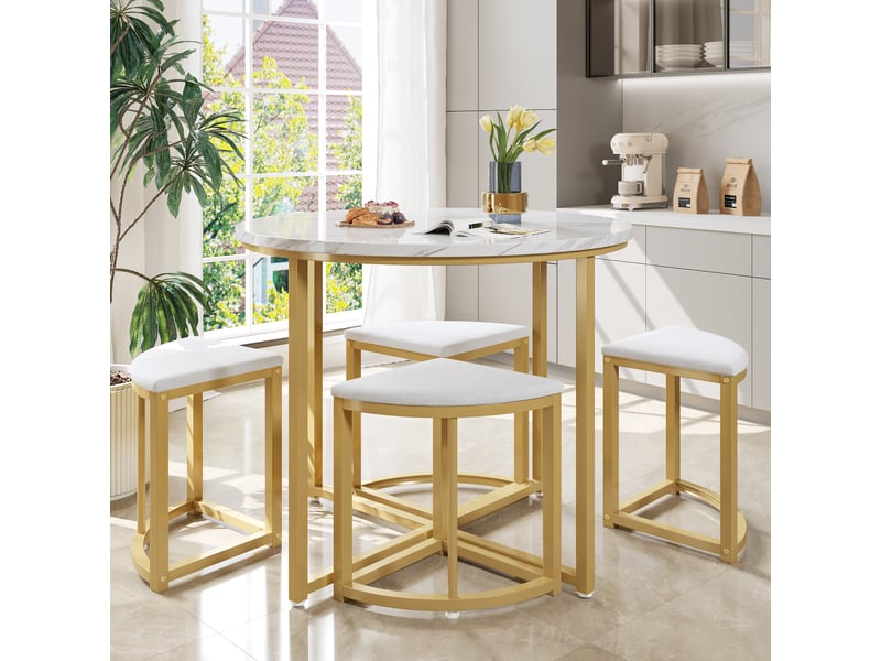  Ensemble table à manger et 4 chaises, table ronde blanche en mdf 80 cm, sièges en velours et structure métallique dorée  - Conforama E