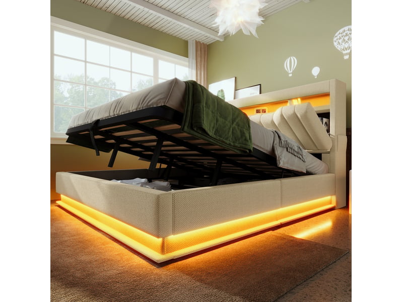  Lit coffre 180x200 cm beige avec led, ports usb et tête de lit rembourrée  - Conforama D