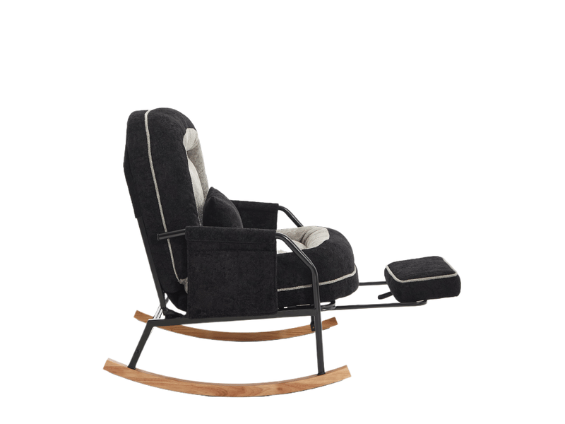 Fauteuil à bascule avec dossier inclinable, repose-pieds coulissant, poches latérales en tissu effet fourrure noir et gris - Conforama C