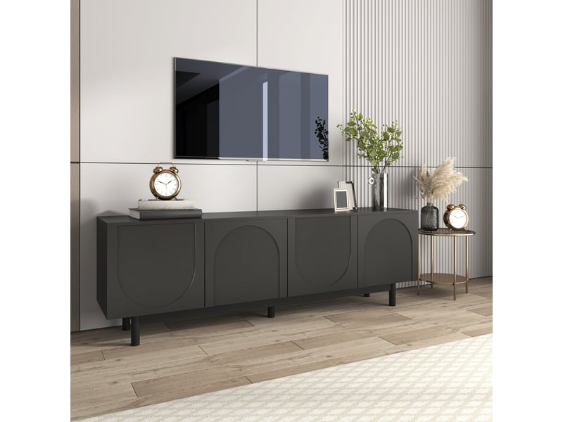  Meuble tv 175x38x56 cm, portes de rangement, façades texturées, finition brillante, étagères réglables pour salon et séjour - noir  - Conforama D
