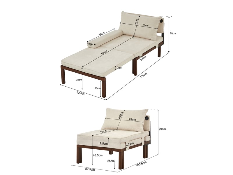 Canapé droit convertible 1 place en velours beige, fauteuil-lit extensible avec coussin, usb type-c et gain de place  - Conforama C