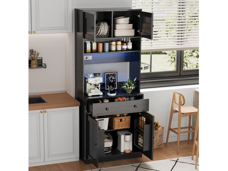 Buffet haut 72x40x180 cm, avec led et prises intégrées, mdf noir, design moderne, meuble de rangement cuisine et salon - Conforama D