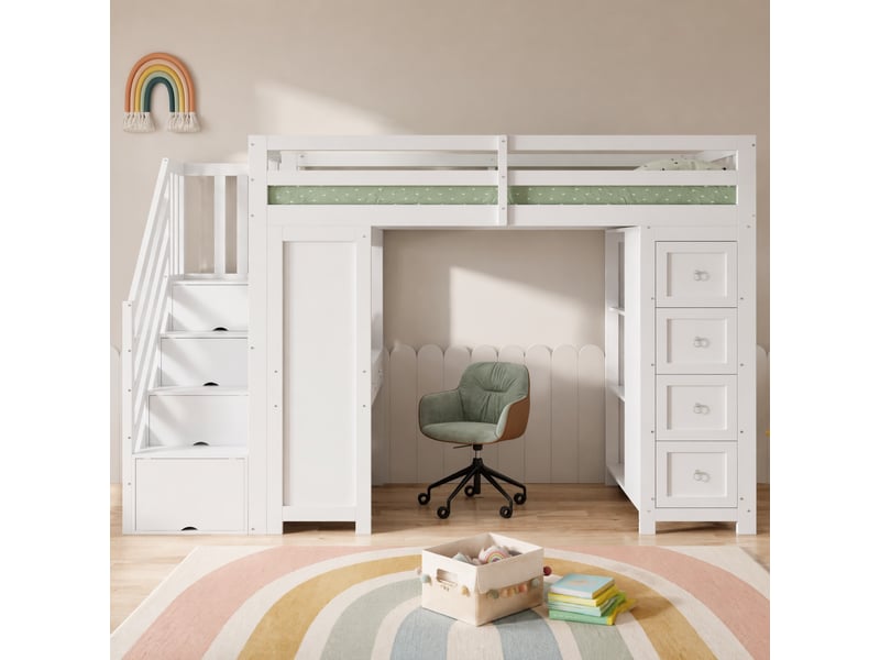 Lit mezzanine enfant multifonctionnel avec bureau intégré et rangements, blanc, 90 x 200 cm - Conforama B