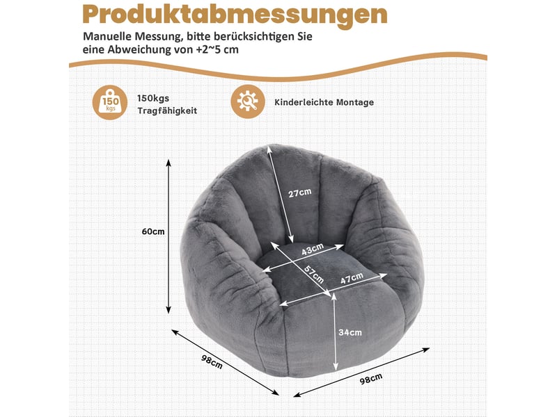  Fauteuil pouf pour adultes et enfants, soutien du dos et lombaire, rembourrage en mousse, polyester gris clair  - Conforama C
