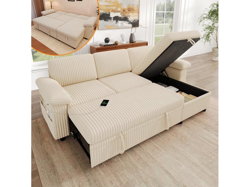  Canapé d'angle convertible avec méridienne réversible, coffre, dossier réglable, ports usb et usb-c, velours côtelé beige  - Conforama B