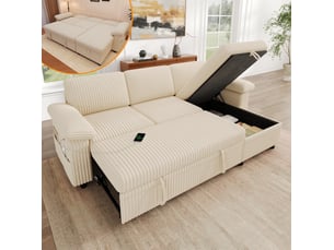 Canapé d'angle réversible convertible <strong>HAUSS SPOLE</strong> <strong></strong> 3 places Velours côtelé beige avec coffre de rangement