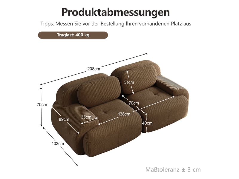  Canapé modulable modenvie 2 places sans cadre en velours côtelé marron 208 x 103 x 70 cm  - Conforama C