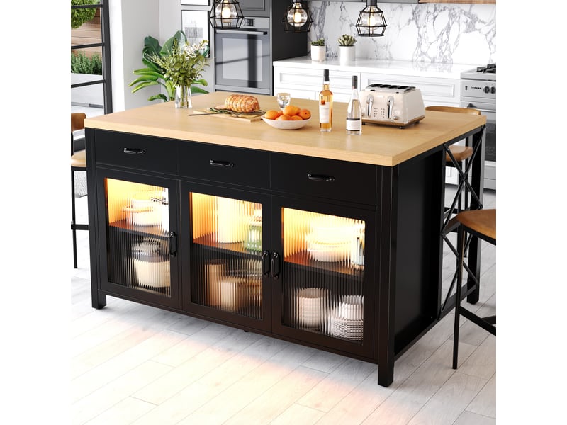  Îlot de cuisine rayofi 150 x 80 x 90 cm - 3 tiroirs, 3 portes vitrées, design industriel, led intégré, pieds réglables, noir N620P19312829S - Conforama D