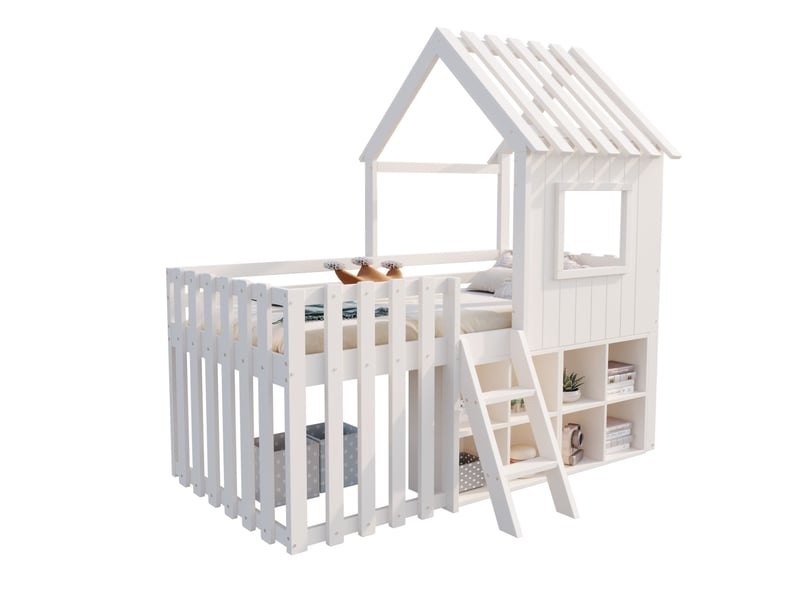  Modenvie lit cabane enfant 90x200 cm - avec rangement ouvert, toit et fenêtres, sans matelas - blanc  - Conforama A