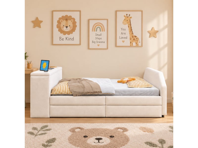 Lit pour enfant rembourré 90x200 cm – avec port de charge usb – avec lit gigogne – velours – beige (matelas non inclus) - Conforama D