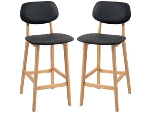 Lot de 2 tabourets de bar, chaises hautes, revêtement synthétique avec dossier et pieds en bois, noir