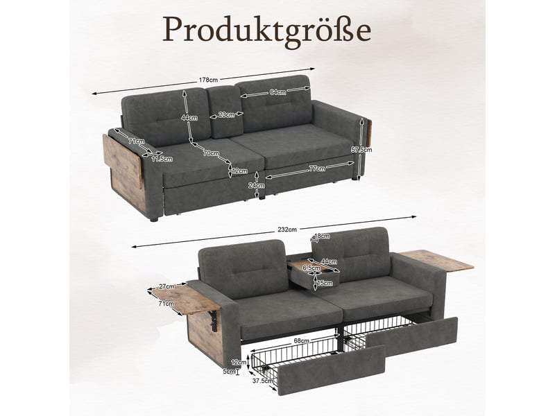  Canapé 2 places 178x71x57,5 cm avec rangements gris foncé  - Conforama C