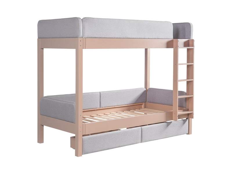  Lit superposé enfant 90x200 cm gris et naturel, bords mousse, 2 tiroirs et escalier droit  - Conforama A