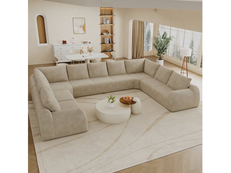 Canapé panoramique en u 9 places en mousse haute élasticité, sans montage, en tissu chenille kaki - Conforama B