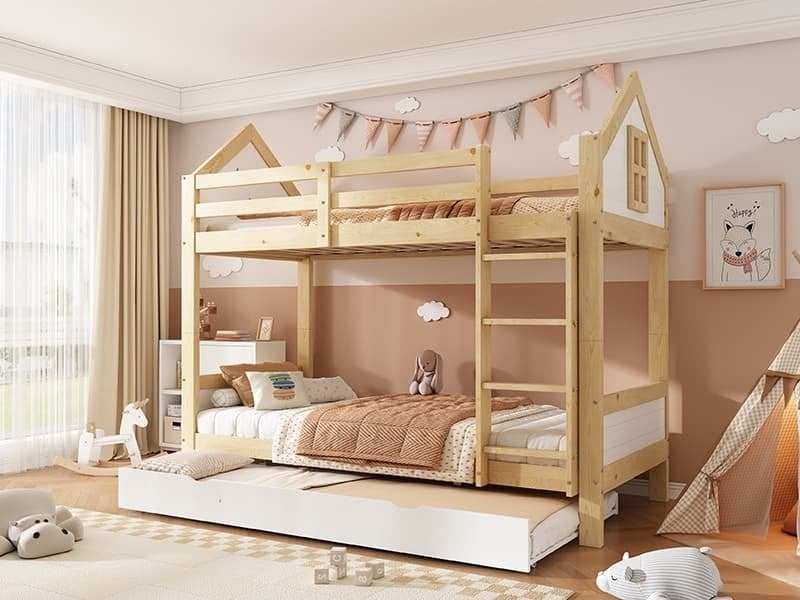  Lit superposé en bois 3 places, 90 x 200 cm, avec lit gigogne, échelle et barrières de sécurité, design « maison », blanc et naturel  - Conforama B