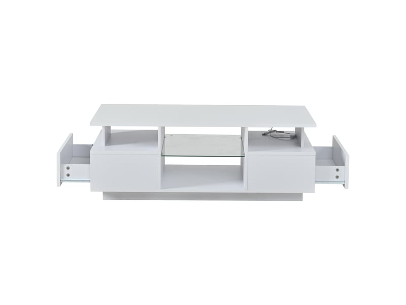  Table basse 100 x 50 x 36 cm avec 2 tiroirs, table d'appoint led laquée brillante, table basse avec espace de rangement ouvert, séparation en verre, table à thé, table console, table de salon, blanche  - Conforama D