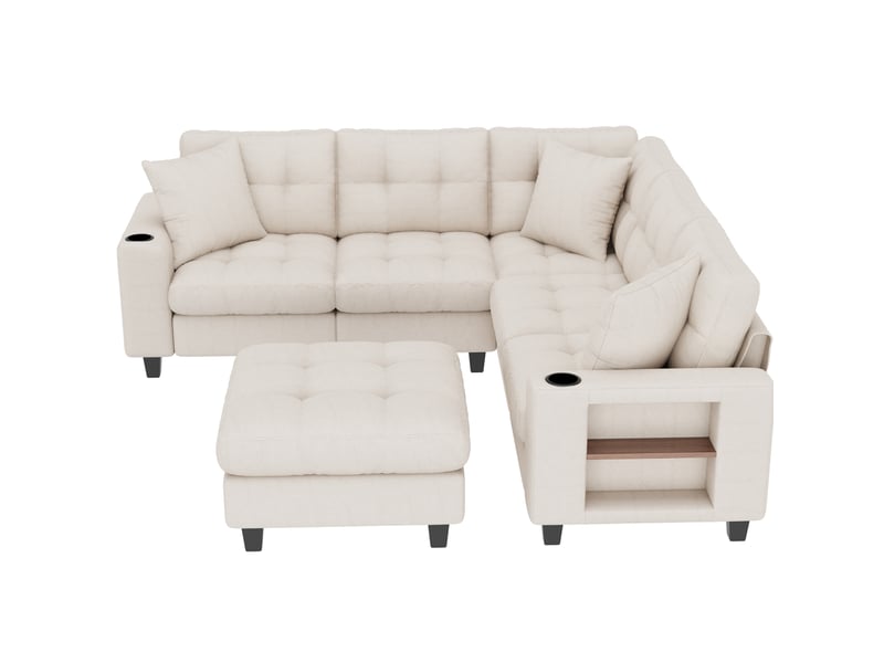 Canapé modulable 5 pl 216,5x216,5x83cm, canapé d'angle avec repose pides, rangement, confort pour salon, chenille beige  - Conforama A