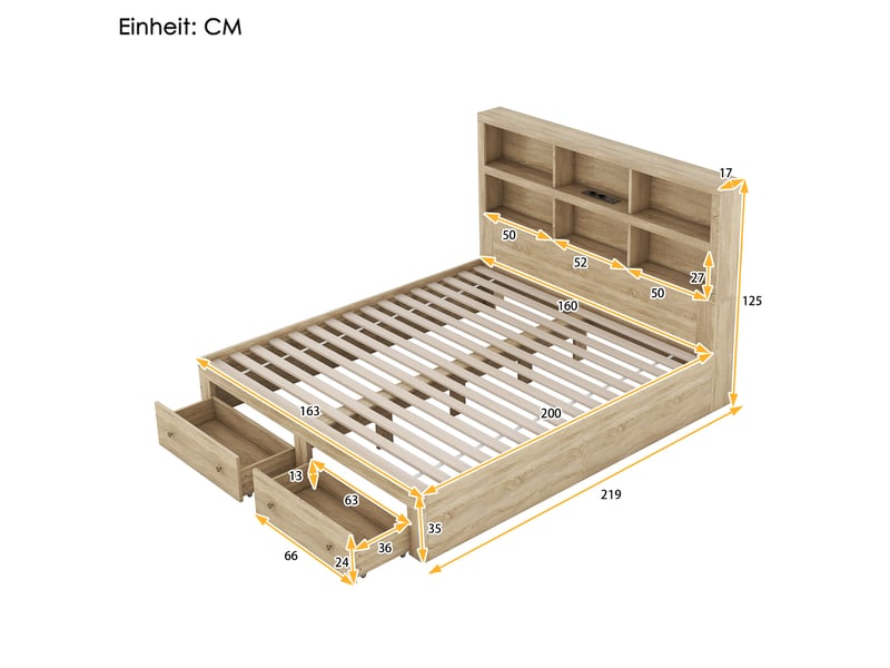  Lit double 160*200cm en panneau de particules, deux tiroirs au pied, tête de lit avec rangement, naturel  - Conforama B