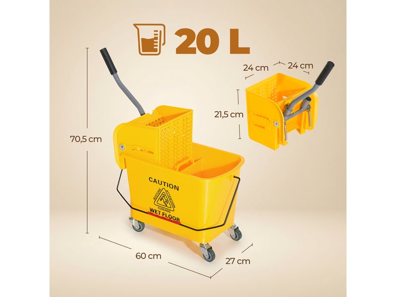  Chariot de nettoyage lavage seau de ménage 20 l 60l x 27l x 70,5h cm avec essoreur et séparateur eau sale propre jaune  - Conforama C