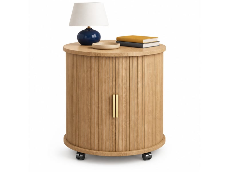  Table de chevet cylindrique aspect chêne avec prise, 2 ports usb et rangement, 60 x 60 x 60 cm  - Conforama A