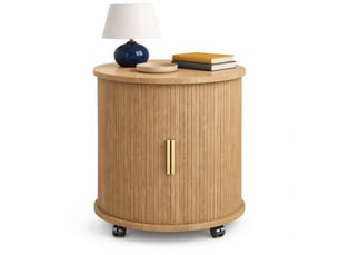 Table de chevet cylindrique aspect chêne avec prise, 2 ports usb et rangement, 60 x 60 x 60 cm