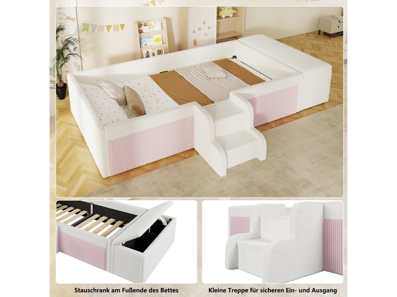  Lit simple rembourré 90x190 cm, lit 1 place, escalier avec rangement, support à lattes stable, charge maximale 120 kg, tissu bouclé blanc CozyNest - Conforama E