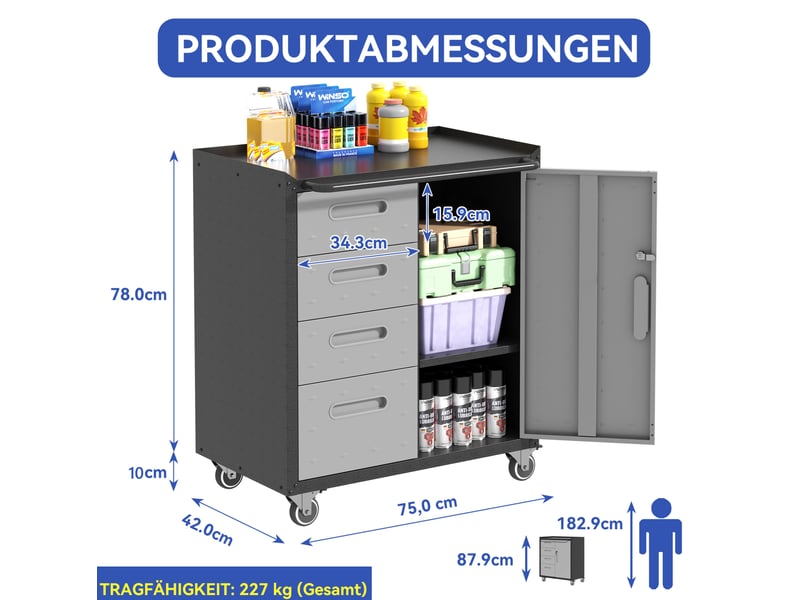 Rangemétal robuste avec roulettes – 75 × 42 × 88 cm, noirgris, pour garage, bureau &amp; ménage  - Conforama C