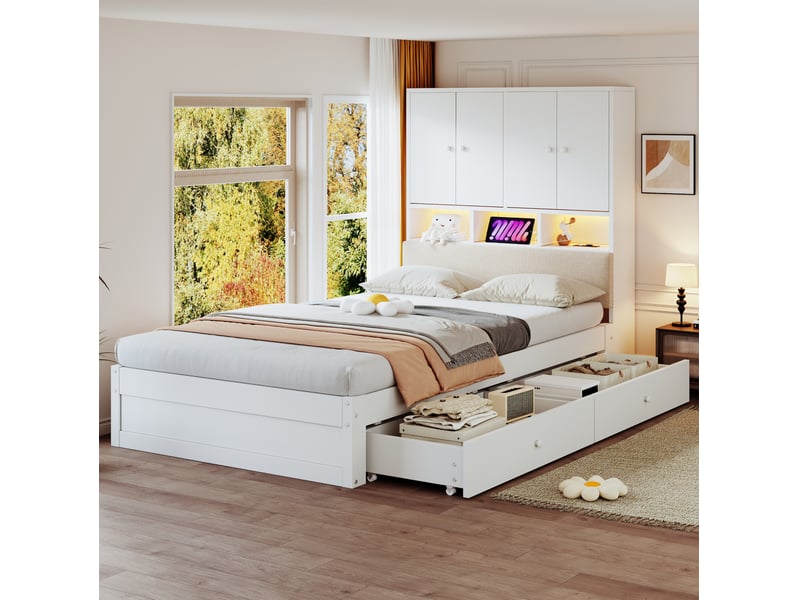  Lit simple multifonction 90x200 cm, tête de lit rembourrée, led, prise, tiroirs, sommier, bois, blanc, sans matelas  - Conforama B