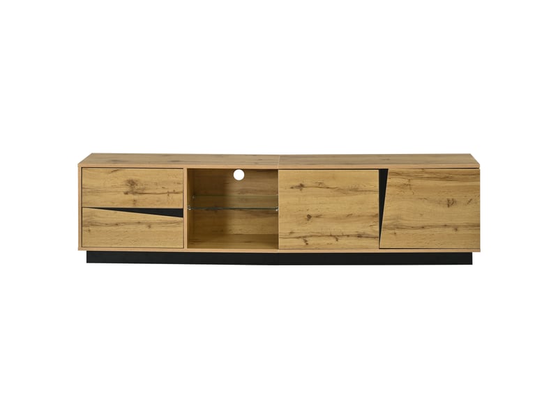  Meuble tv bois et noir 180 x 35 x 45 cm, led, 2 tiroirs, 2 portes, étagère en verre  - Conforama A