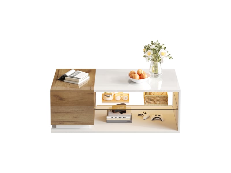  Table basse led avec contrôle par application, table de salon avec espace de rangement, 105x50x36cm, blanc et chêne.  - Conforama D