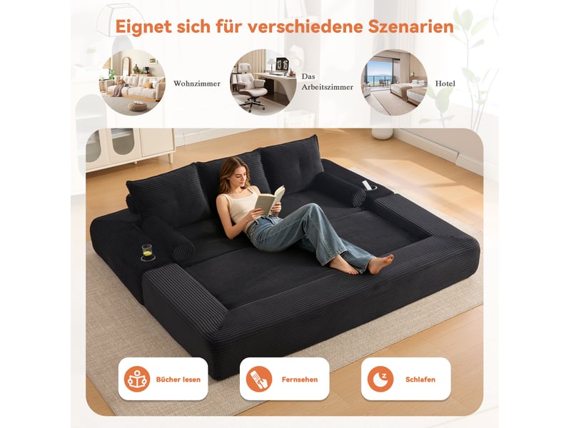 Canapé convertible 3 places en velours côtelé noir avec poches, porte-gobelets et coussins mémoire de forme - Conforama D