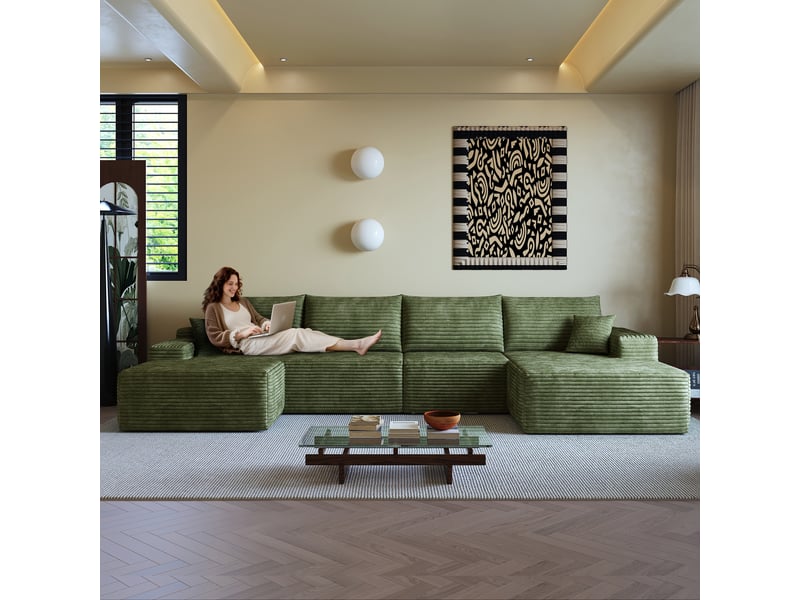  Canapé d'angle modulable 340 cm avec méridienne en l, canapé 5 places vert en velours côtelé, assise profonde  - Conforama W