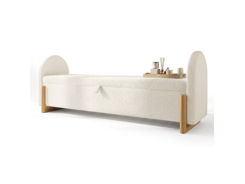  Banc de rangement 146 x 47 x 61 cm blanc en chenille bouclette, coffre hydraulique à fermeture douce  - Conforama A