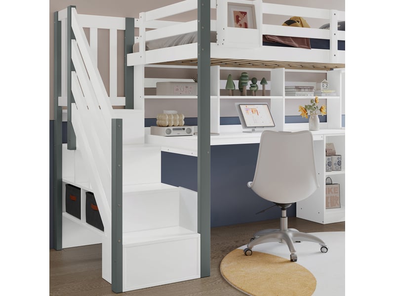  Lit mezzanine enfant 90x200 cm – blanc et gris – bureau, rangements et échelle latérale – sans matelas  - Conforama E