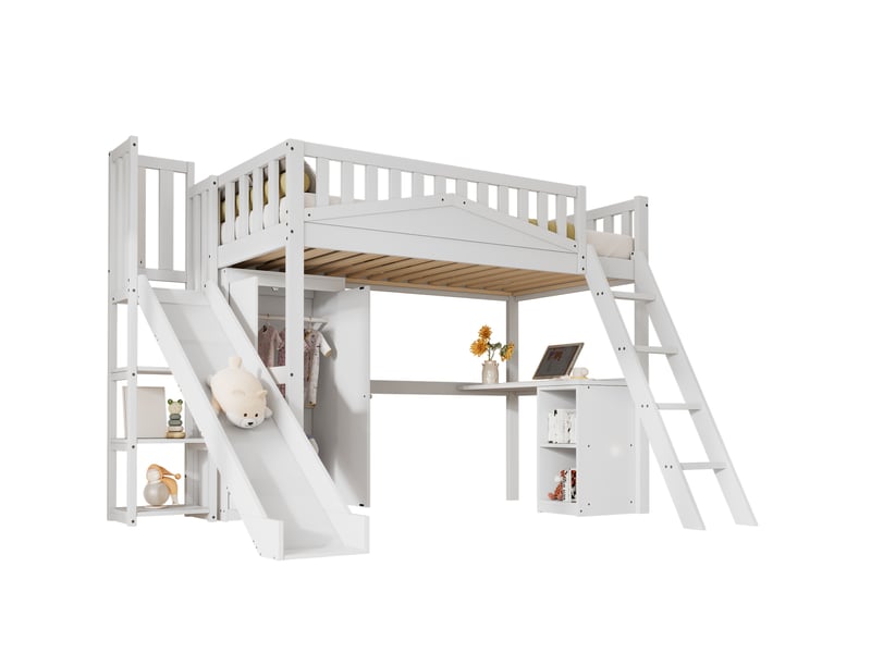  Modenvie lit mezzanine enfant 90x200 cm - avec toboggan, bureau et armoire, sans matelas - blanc  - Conforama A