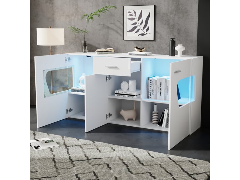  Buffet bas 140x33x70 cm, 3 portes, led intégrée, mdf blanc, design moderne, meuble de rangement pour salon et cuisine  - Conforama B
