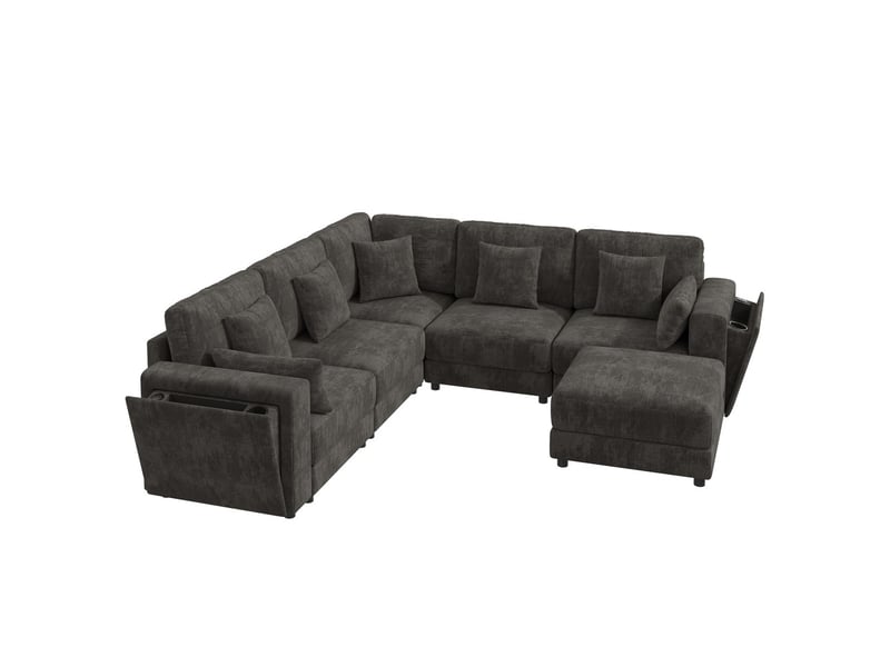  Canapé d'angle modulable 6 places en tissu chenille gris avec ports usb et c porte-gobelets et rangement 7 coussins  - Conforama A