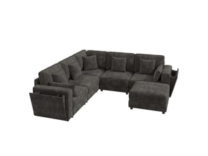 Canapé d'angle modulable 6 places en tissu chenille gris avec ports usb et c porte-gobelets et rangement 7 coussins