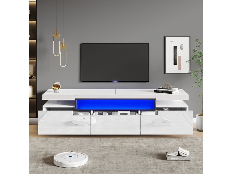  Meuble tv rangement 160 cm blanc laqué 3 tiroirs led 70 pouces salon moderne homvra  - Conforama D